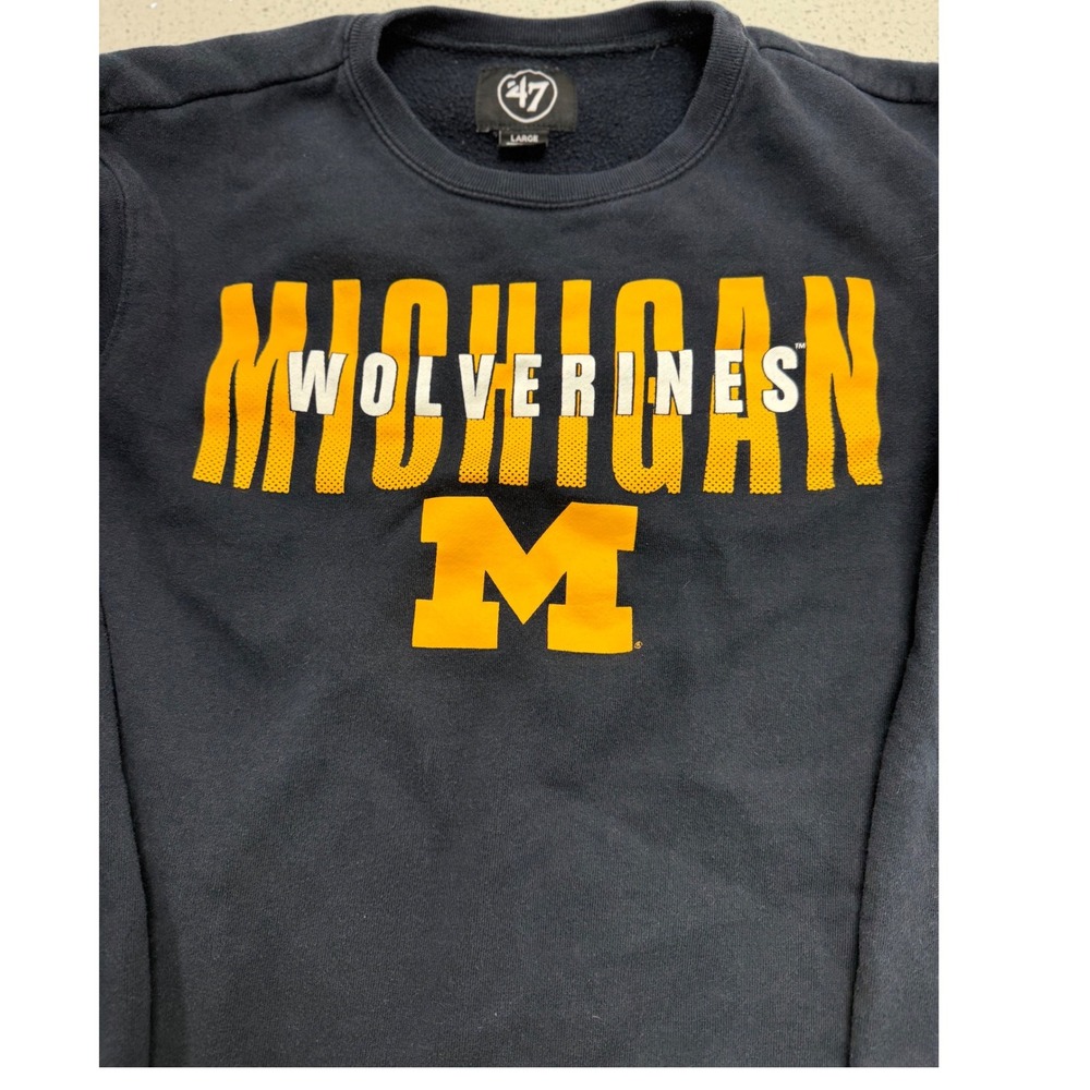 47 Brand Michigan Wolverines Mens Large Navy Blue Crewneck Sweatshirt Block M - Picture 3 of 5